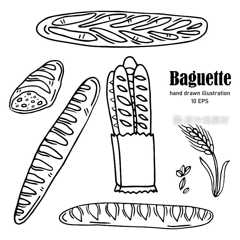 Hand drawn vector illustration of assorted bread – French baguette, breaded loaf, slice of white bread. Cartoon doodle style isolated on white background